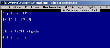 Screen shot showing how accented characters in UTF-8 are massacred in DOS