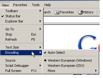 Screen shot showing where to change the characters coding in Internet Explorer